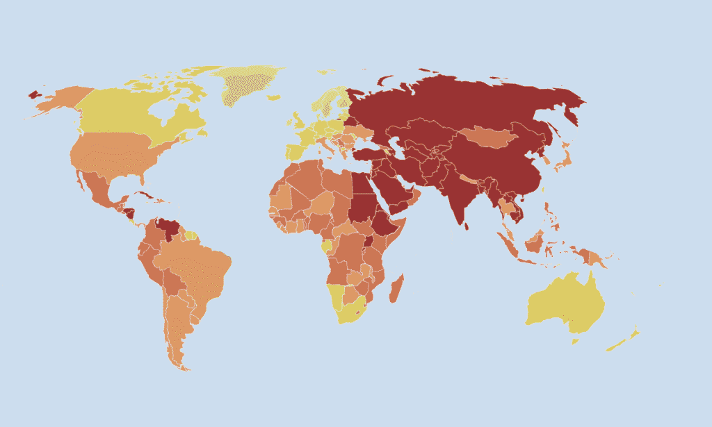 Gambar ini menampilkan kartu dunia dengan garis-garis merah yang menggambarkan negara-negara yang mengalami krisis kebebasan pers.