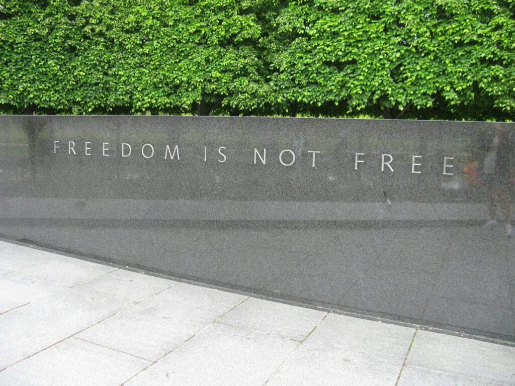 Gambar ini menampilkan kata "Freedom is not free" yang ditulis di atas batu.