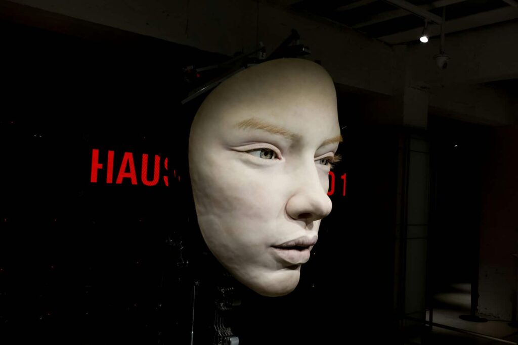 a white mannequin's head in a dark room